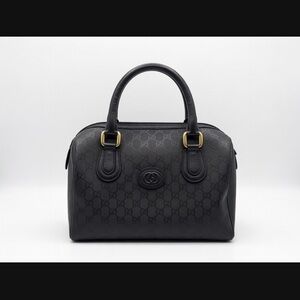 Gucci Black GG Monogram Embossed Mid Size Duffle Double Strap Handbag Purse